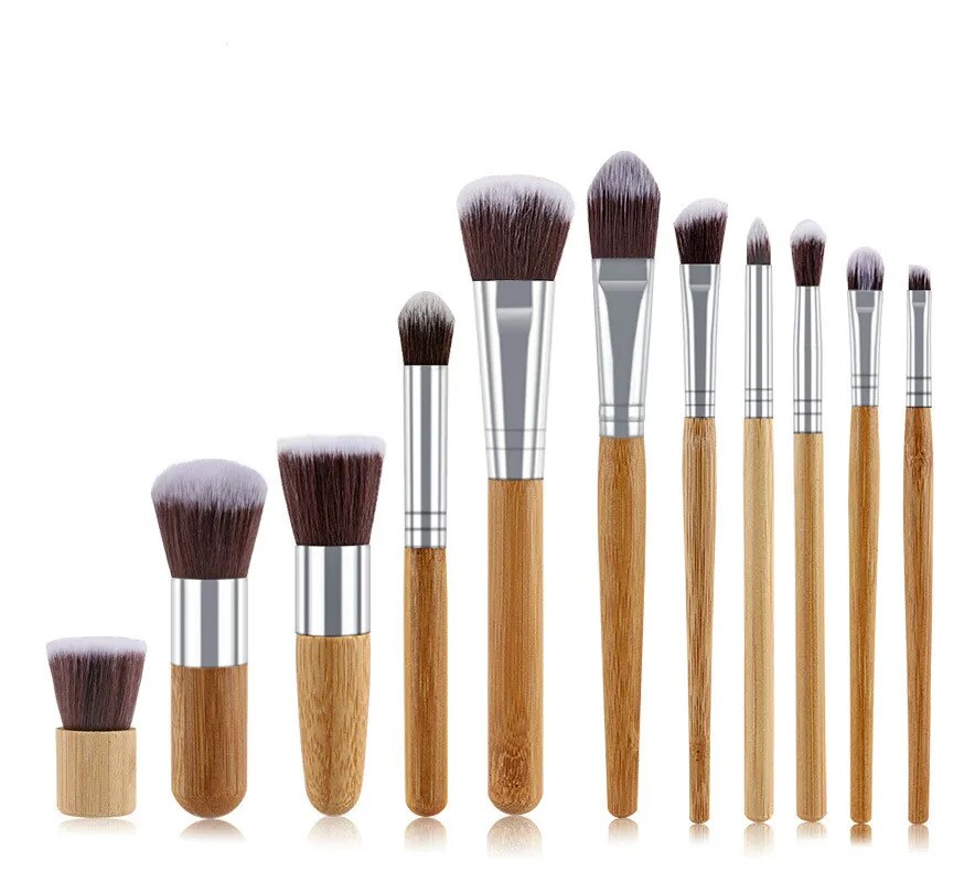 Hot 11pcs Natural Bamboo Handle Makeup Brushes Set High Quality Foundation Blending Cosmetic Make Up Tool Set With Cotton Bag